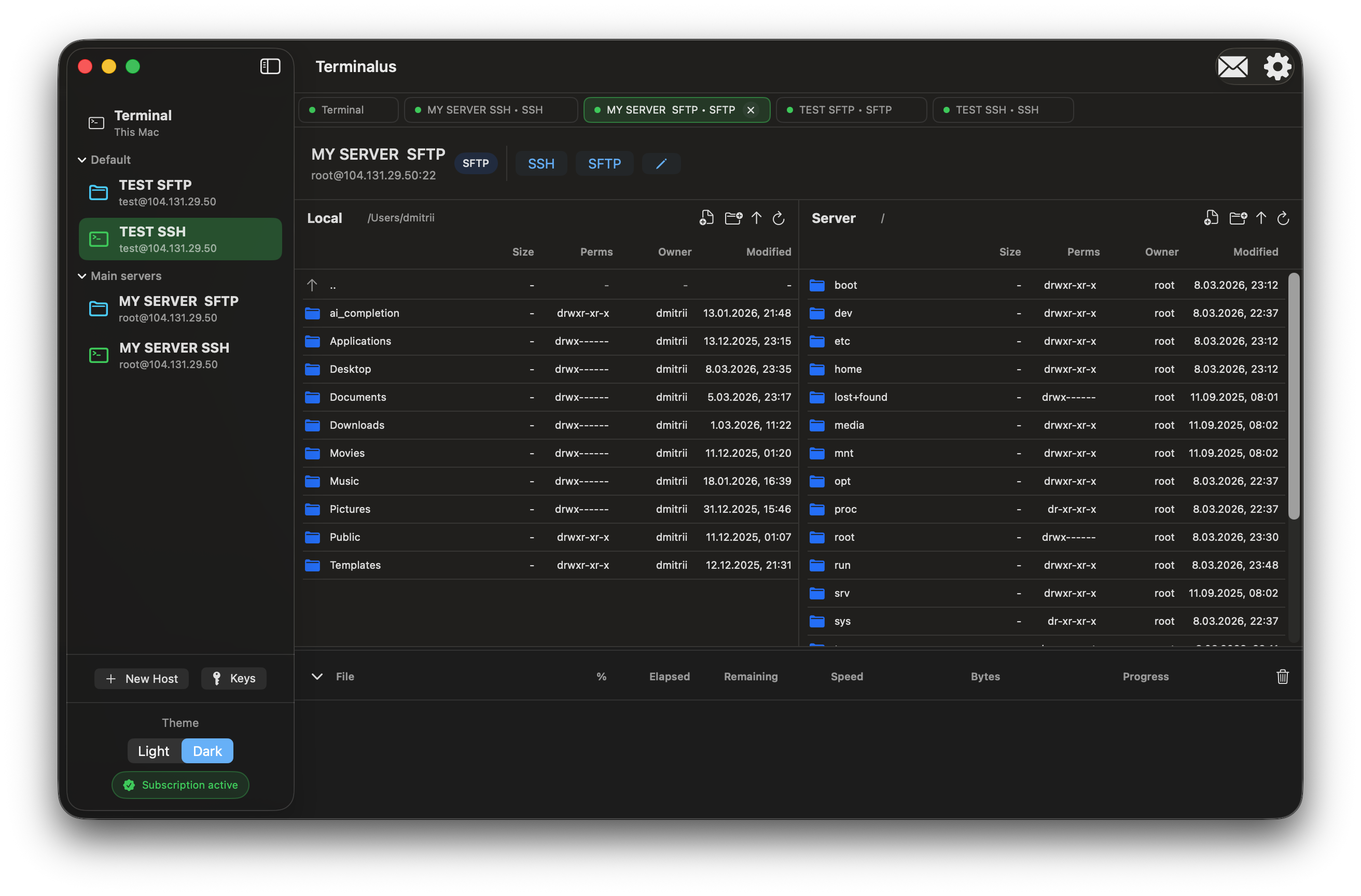 Two-panel file manager for remote servers